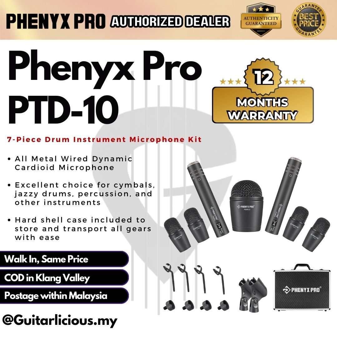 Phenyx Pro PTD-10 7-Piece Drum Instrument Microphone Kit, All 