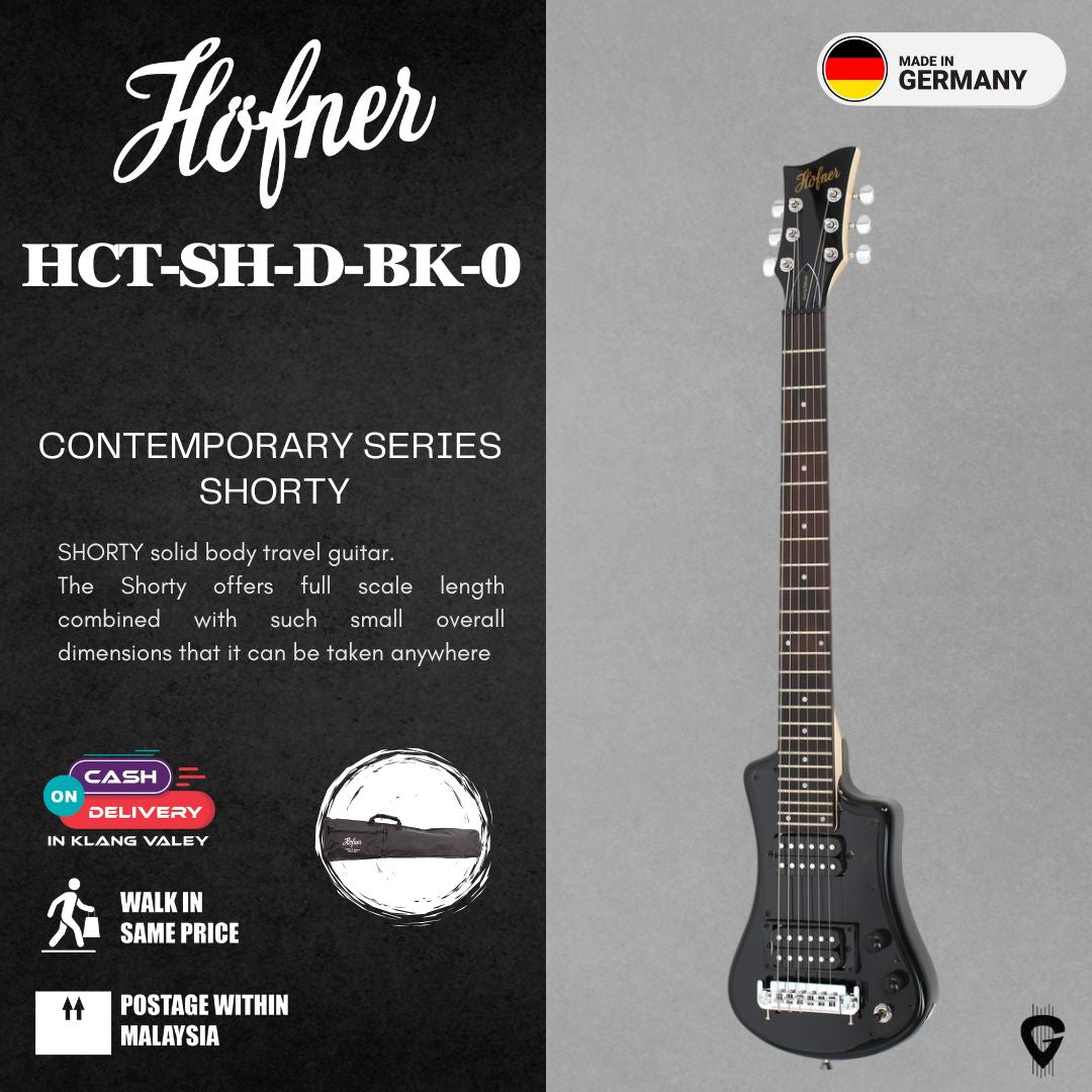 Höfner HCT-SH-D-BK-0 Shorty Deluxe Travel Electric Guitar, Black