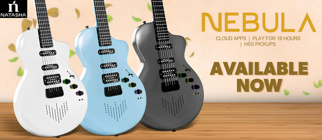 Pictures depicting Natasha Nebula Smart Electric guitars in order from left to right: Radiant Pearl, Ocean Blue and Cosmic Black.