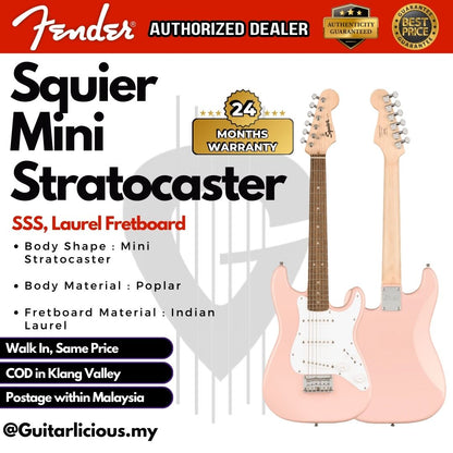 Squier by Fender Mini Stratocaster Electric Guitar, Laurel FB, Shell Pink