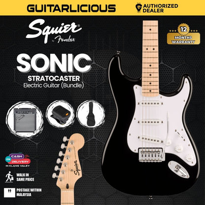 Squier Sonic Stratocaster SSS Electric Guitar with White Pickguard & Tremolo , Maple FB - Black (BUNDLE DEALS)