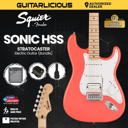 Squier Sonic Stratocaster HSS Electric Guitar w/White Pickguard, Maple FB, Tahitian Coral (Bundle)