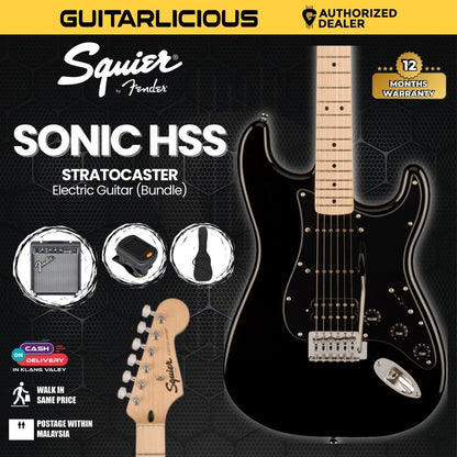 Squier Sonic Stratocaster HSS Electric Guitar with Black Pickguard, Maple FB - Black (BUNDLE DEALS)