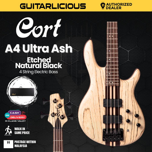 Cort A4 Ultra Ash Electric Bass Guitar with Guitar Hardcase - Etched Natural Black