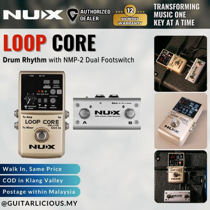 NUX Loop Core Deluxe Effect Drum Rhytm Pedal Bundle with NMP-2 Dual Footswitch