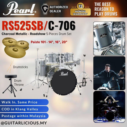 Pearl RS525SB/C-706 Roadshow 5-Pieces Standard Acoustic Drum Set - Charcoal Metallic (RS5252-SB)