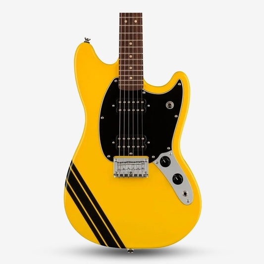 Squier FSR Bullet Competition HH Mustang Guitar w/ Black Stripes, Laurel FB, Graffiti Yellow