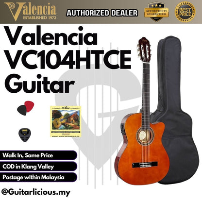 VALENCIA VC104HTCE 4/4 Thin Body Classical Guitar Cutaway Natural with Pickup
