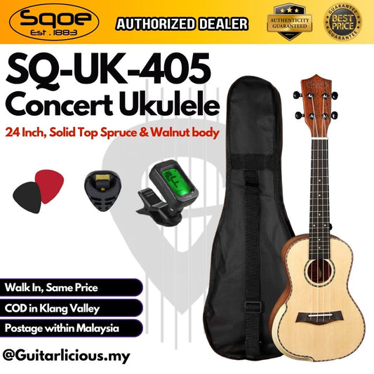 SQOE SQ-UK-405 Solid Top Spruce & Walnut Body 24" Concert Ukulele ( SQUK405 / SQ-UK / UK405 / 405 )