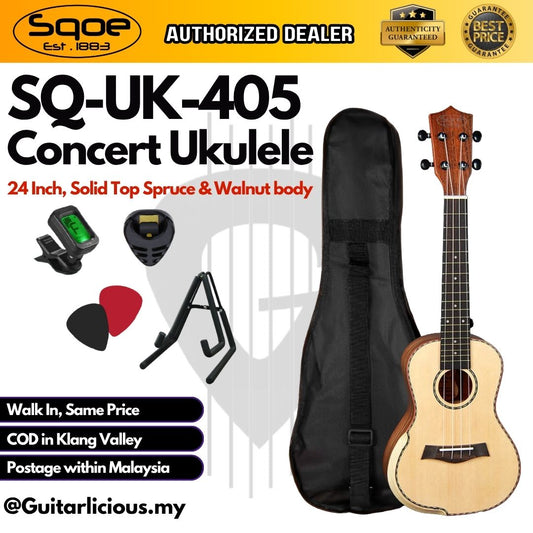 SQOE SQ-UK-405 Solid Top Spruce & Walnut Body 24" Concert Ukulele ( SQUK405 / SQ-UK / UK405 / 405 )