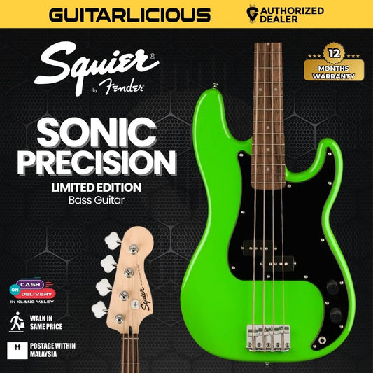Squier Limited Edition Sonic Precision Bass Guitar w/Black Pickguard, Laurel FB, Lime Green