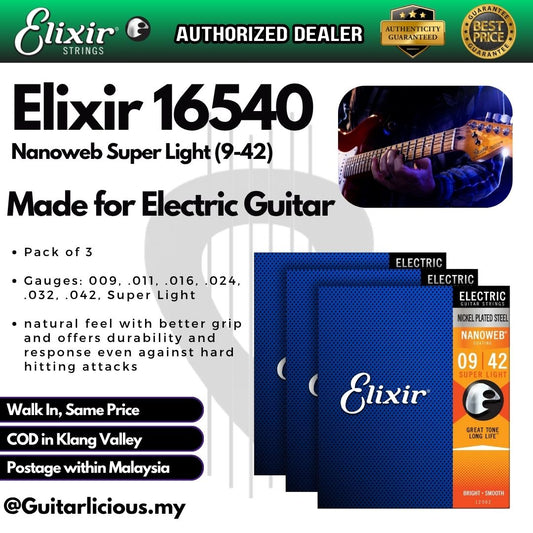 Elixir 16540 Nanoweb Electric Guitar Strings, Super Light - 3-Pack (9-42/9 42)