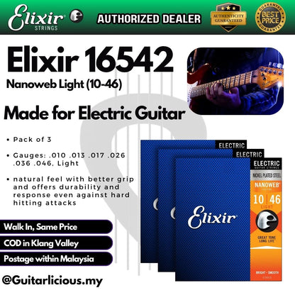 Elixir 16542 Nanoweb Electric Guitar Strings, Light - 3-Pack (10-46)