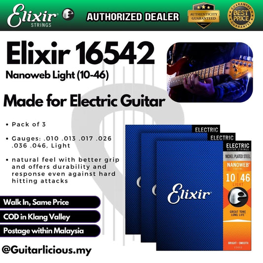 Elixir 16542 Nanoweb Electric Guitar Strings, Light - 3-Pack (10-46)
