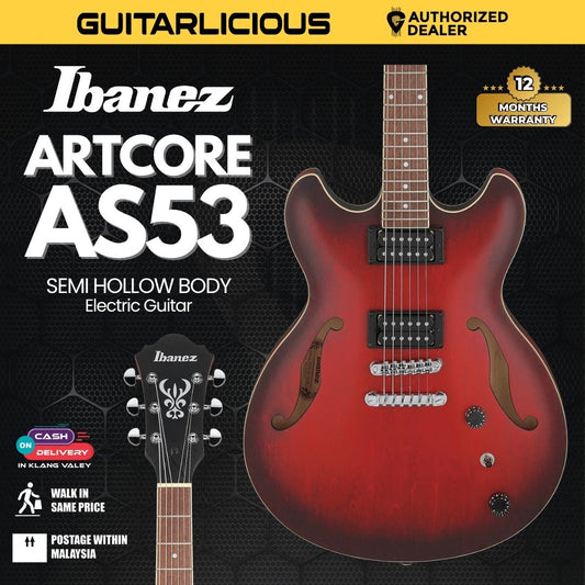 Ibanez ARTCORE Semi Hollow Body Electric Guitar with Double Humbucker & ART-ST Bridge with Tailpiece, Sunburst Red Flat (AS53 / AS 53 / AS53-SRF)