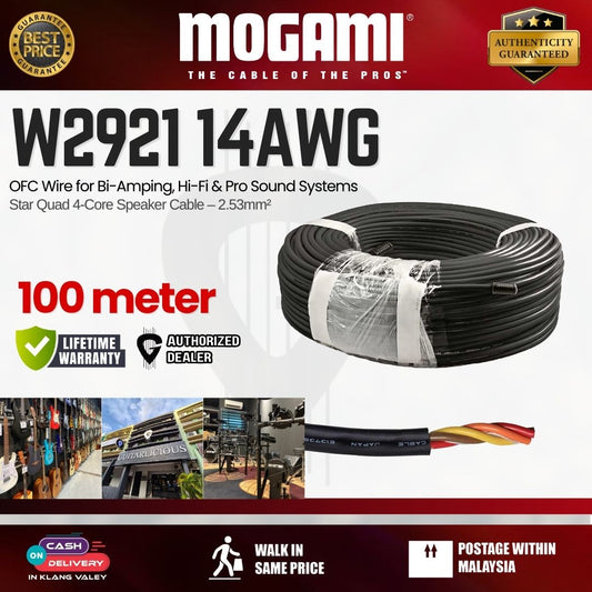 MOGAMI W2921 Star Quad 4-Core Speaker Cable – 2.53mm² (14AWG) OFC Wire for Bi-Amping, Hi-Fi & Pro Sound Systems - 100m