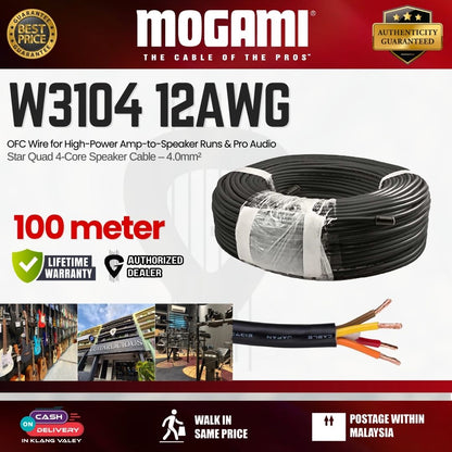 MOGAMI W3104 Star Quad 4-Core Speaker Cable – 4.0mm² (12AWG) OFC Wire for High-Power Amp-to-Speaker Runs, Bi-Amping & Pro Audio - 100m