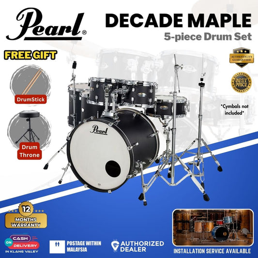 Pearl Decade Maple 5-Piece Drum Set with Pearl (HWP930) Hardware, Drumstick and Throne - 22" Kick - Satin Slate Black