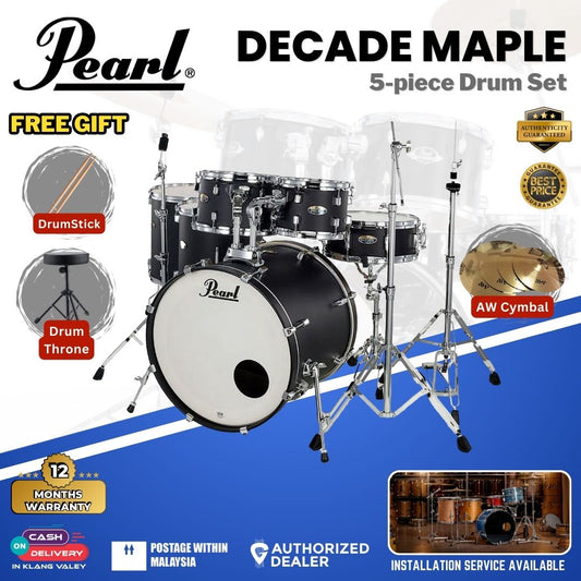 Pearl Decade Maple 5-Piece Drum Set with Pearl (HWP930) Hardware, Drumstick and Throne - 22" Kick - Satin Slate Black