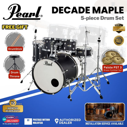Pearl Decade Maple 5-Piece Drum Set with Pearl (HWP930) Hardware, Drumstick and Throne - 22" Kick - Satin Slate Black