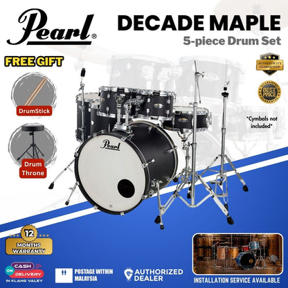 Pearl Decade Maple 5-Piece Drum Set with Pearl (HWP930) Hardware, Drumstick and Throne - 22" Kick - Satin Slate Black