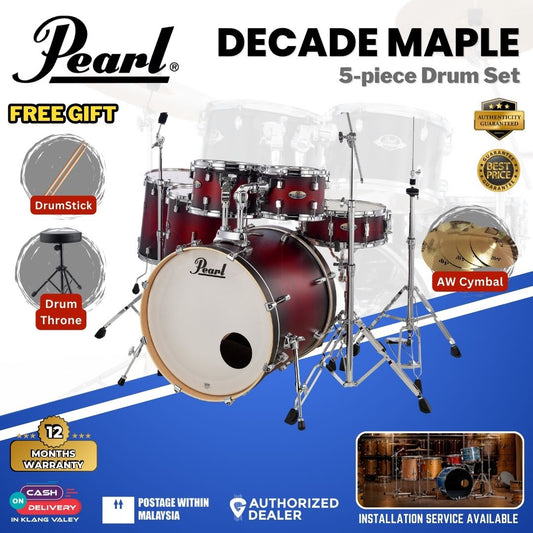 Pearl Decade Maple 5-Piece Drum Set with Pearl (HWP930) Hardware, Drumstick and Throne - 22" Kick - Gloss Deep Red Burst
