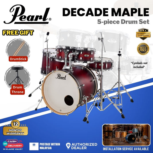 Pearl Decade Maple 5-Piece Drum Set with Pearl (HWP930) Hardware, Drumstick and Throne - 22" Kick - Gloss Deep Red Burst