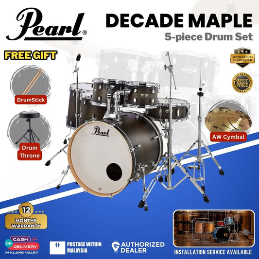 Pearl Decade Maple 5-Piece Drum Set with Pearl (HWP930) Hardware, Drumstick and Throne - 22" Kick - Satin Black Burst