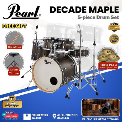 Pearl Decade Maple 5-Piece Drum Set with Pearl (HWP930) Hardware, Drumstick and Throne - 22" Kick - Satin Black Burst
