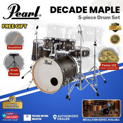 Pearl Decade Maple 5-Piece Drum Set with Pearl (HWP930) Hardware, Drumstick and Throne - 22" Kick - Satin Black Burst