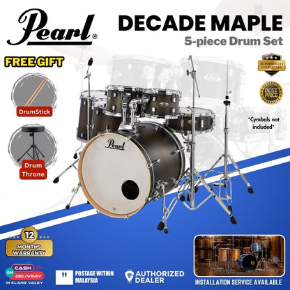 Pearl Decade Maple 5-Piece Drum Set with Pearl (HWP930) Hardware, Drumstick and Throne - 22" Kick - Satin Black Burst