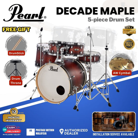 Pearl Decade Maple 5-Piece Drum Set with Pearl (HWP930) Hardware, Drumstick and Throne - 22" Kick -Satin Brown Burst