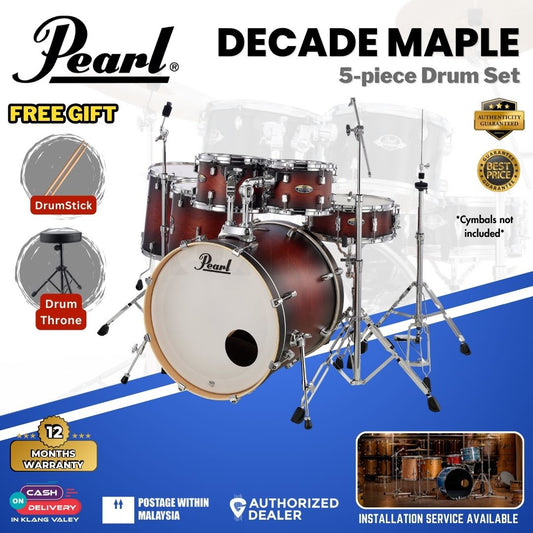 Pearl Decade Maple 5-Piece Drum Set with Pearl (HWP930) Hardware, Drumstick and Throne - 22" Kick -Satin Brown Burst