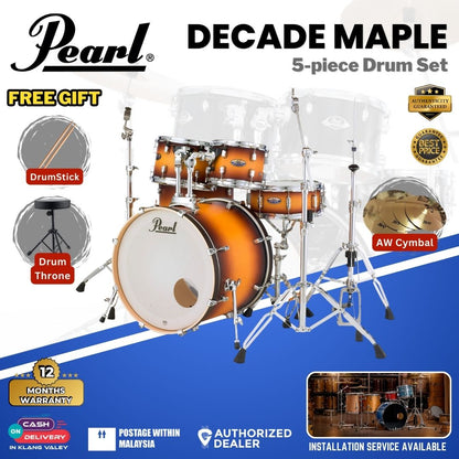 Pearl Decade Maple 5-Piece Drum Set with Pearl (HWP930) Hardware, Drumstick and Throne - 22" Kick -Classic Satin Amburst
