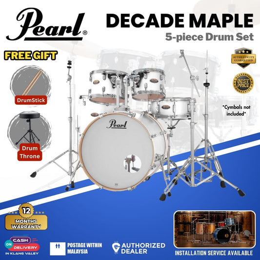Pearl Decade Maple 5-Piece Drum Set with Pearl (HWP930) Hardware, Drumstick and Throne - 22" Kick -White Satin Pearl