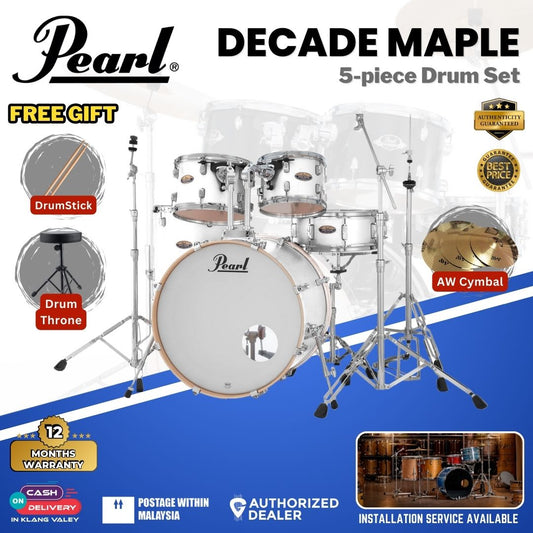 Pearl Decade Maple 5-Piece Drum Set with Pearl (HWP930) Hardware, Drumstick and Throne - 22" Kick -White Satin Pearl