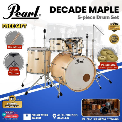 Pearl Decade Maple 5-Piece Drum Set with Pearl (HWP930) Hardware, Drumstick and Throne - 22" Kick -Satin Gold Meringue