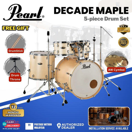 Pearl Decade Maple 5-Piece Drum Set with Pearl (HWP930) Hardware, Drumstick and Throne - 22" Kick -Satin Gold Meringue