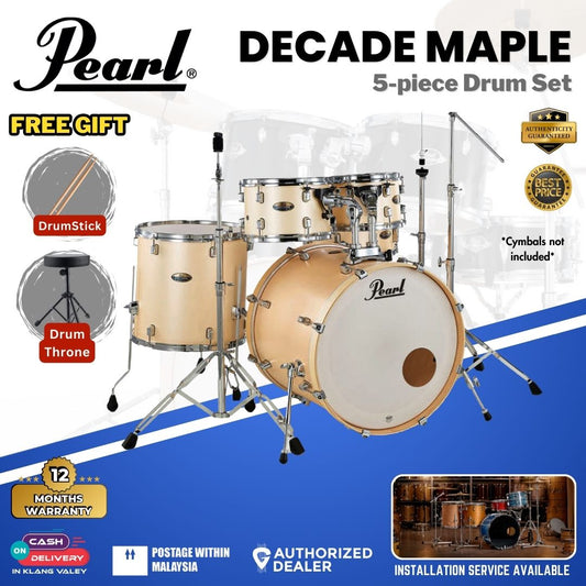 Pearl Decade Maple 5-Piece Drum Set with Pearl (HWP930) Hardware, Drumstick and Throne - 22" Kick -Satin Gold Meringue