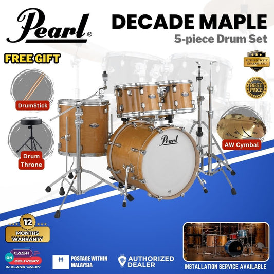 Pearl Decade Maple 5-Piece Drum Set with Pearl (HWP930) Hardware, Drumstick and Throne - 22" Kick - Pale Amber Gloss