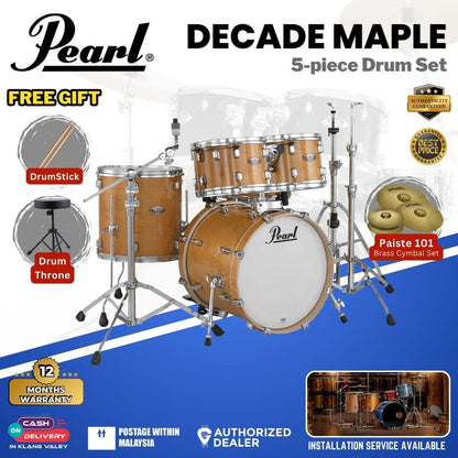 Pearl Decade Maple 5-Piece Drum Set with Pearl (HWP930) Hardware, Drumstick and Throne - 22" Kick - Pale Amber Gloss