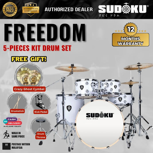 Sudoku Freedom Acoustic Drum Set  + Crazy Ghost Cymbals Set w/Drum Throne, Drumsticks, Single Pedal-Clear White