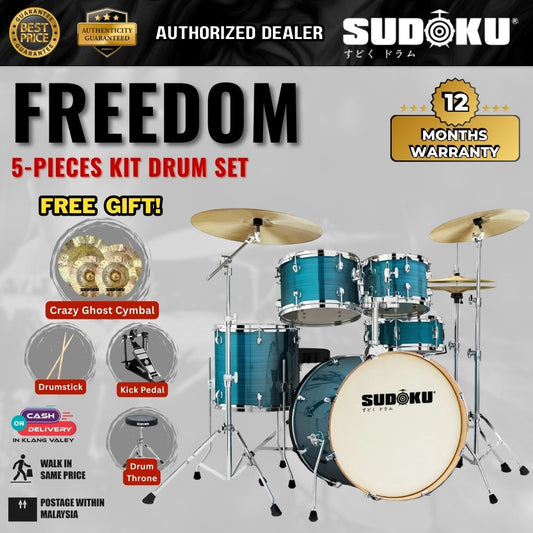 Sudoku Freedom Acoustic Drum Set  + Crazy Ghost Cymbals Set w/Drum Throne, Drumsticks, Single Pedal-Hairline Blue