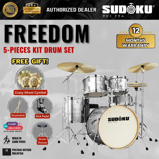 Sudoku Freedom Acoustic Drum Set  + Crazy Ghost Cymbals Set w/Drum Throne, Drumsticks, Single Pedal-Hairline Silver