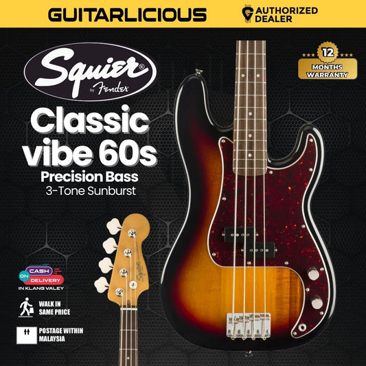 Squier Classic Vibe 60s Precision Bass Guitar, Laurel FB - 3-Tone Sunburst