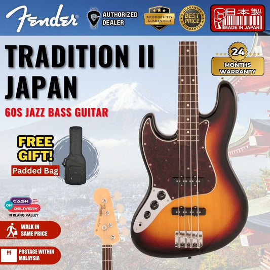 Fender Japan Traditional II 60s Jazz Bass Left-Handed Guitar, RW FB, 3-Tone Sunburst