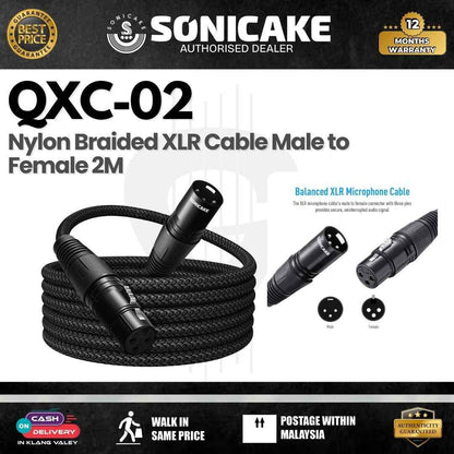 SONICAKE QXC-02 Nylon Braided XLR Cable Male to Female 2M, Black  (QXC-02)