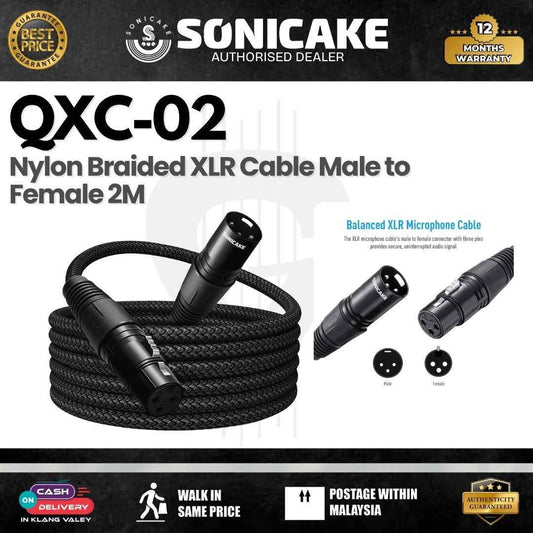 SONICAKE QXC-02 Nylon Braided XLR Cable Male to Female 2M, Black  (QXC-02)