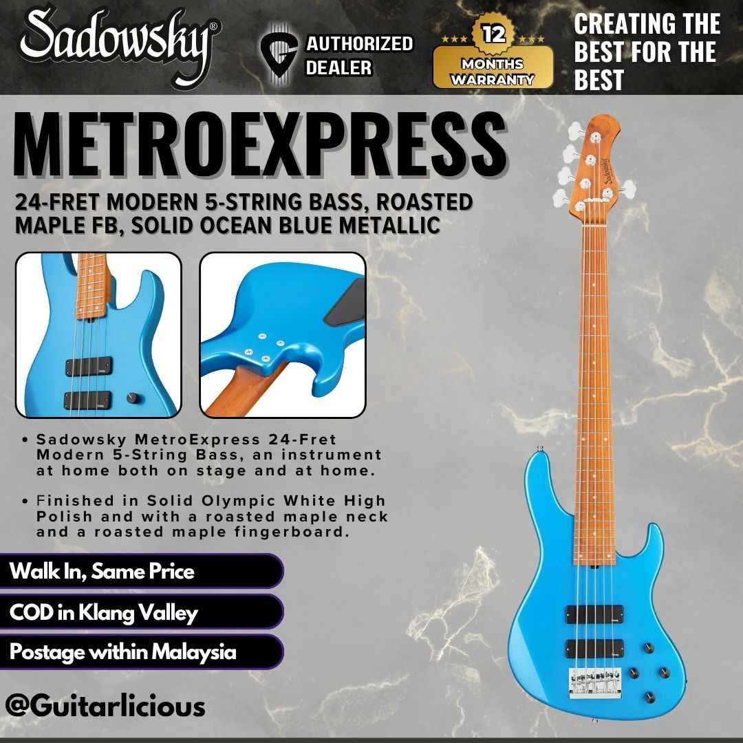 Sadowsky MetroExpress 5-String Bass Guitar, Roasted Maple FB, Solid Ocean Blue Metallic High Polish