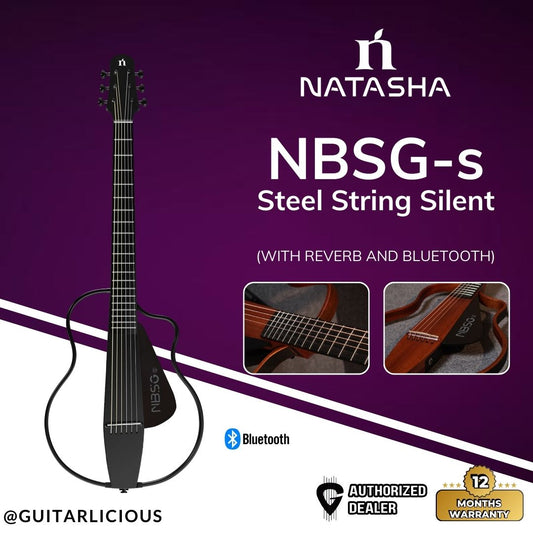 Natasha NBSG-s Steel String Silent Smart Guitar (with Reverb and Bluetooth) - Non Rechargable - Black